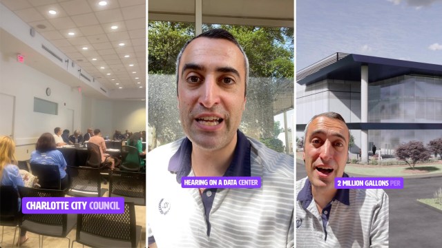 A collage featuring a city council meeting, a man speaking about a data center, and an architectural rendering of a building.