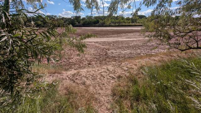 A dry, cracked landscape with sparse vegetation under a clear blue sky.