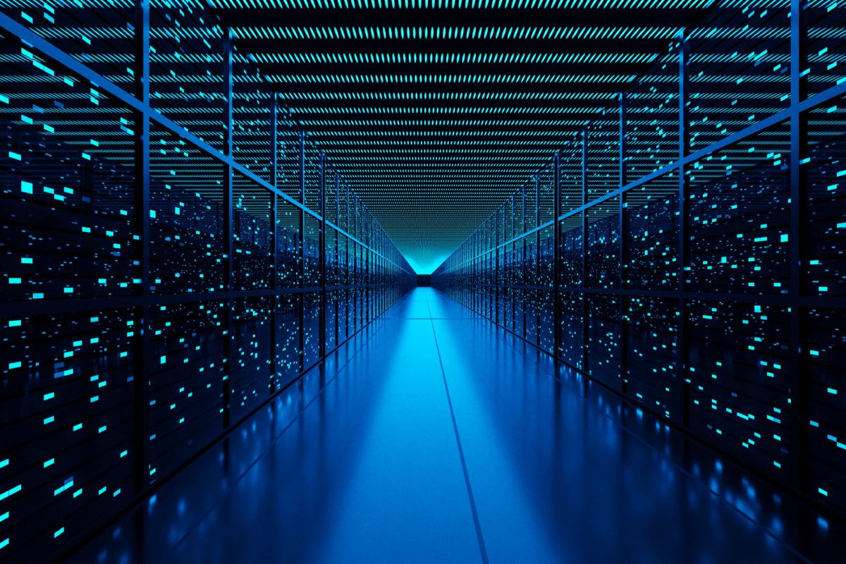 A data center with many blue glowing lights.