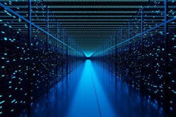 A data center with many blue glowing lights.