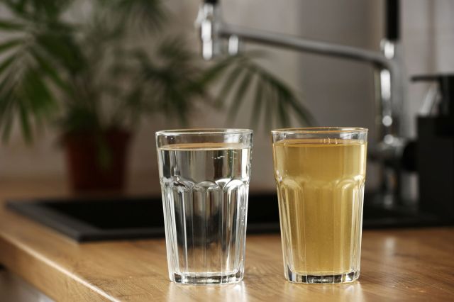 Two glasses on a wooden table: one with clear water and the other with brown liquid.
