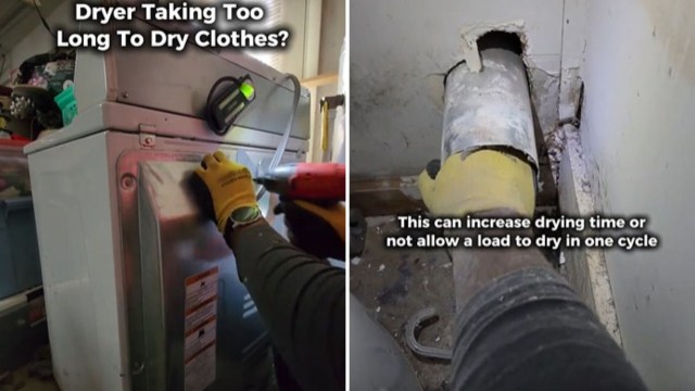 A person repairing a dryer while inspecting a dusty venting pipe in a cluttered laundry space.