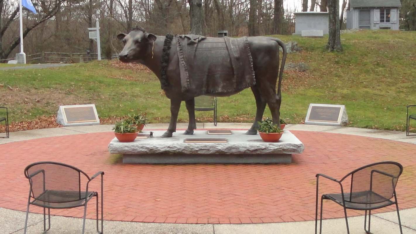 A bronze statue of a cow stands on a stone pedestal in a circular brick plaza surrounded by potted plants.