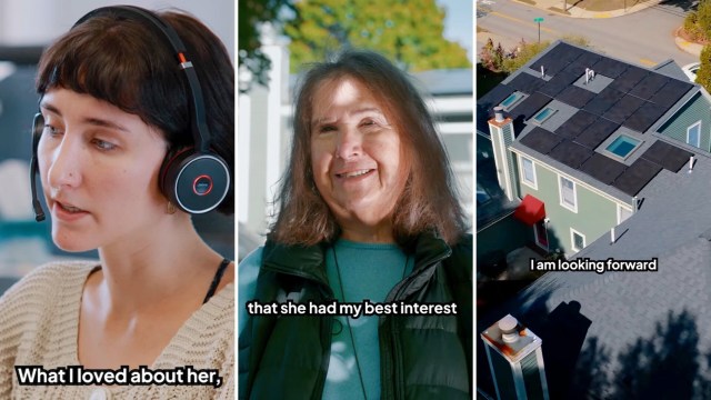 A split image featuring a woman with a headset, a smiling older woman, and a rooftop with solar panels.