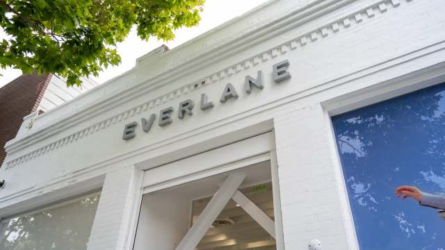 A storefront of Everlane with a white facade and large window, partially obscured by tree branches.