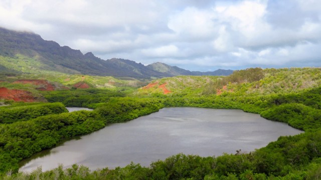 A lush green landscape surrounds a serene lake, framed by hills and cloudy skies.