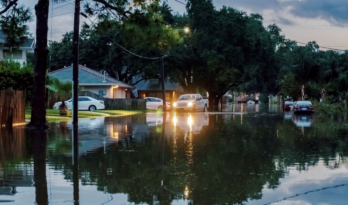 A flooded New Orleans road in a suburb.