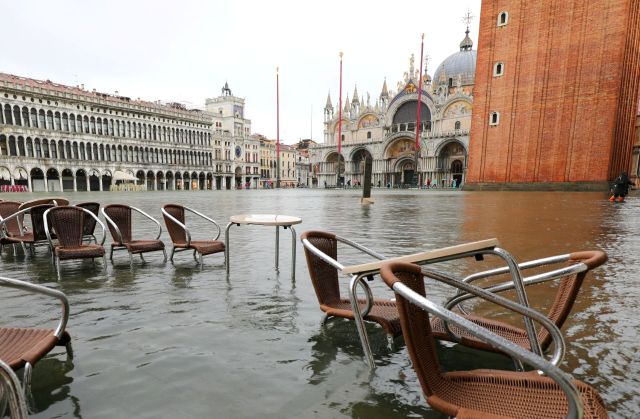 Flooding in St Mark Square in Venice, Italy.