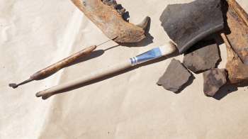 A collection of excavation tools and rocks arranged on brown paper, including a brush and two pointed tools.