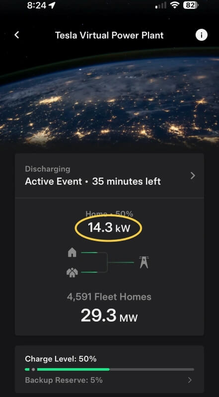 An app shows kilowatts eligible for compensation under Tesla's Virtual Power Plant program. 