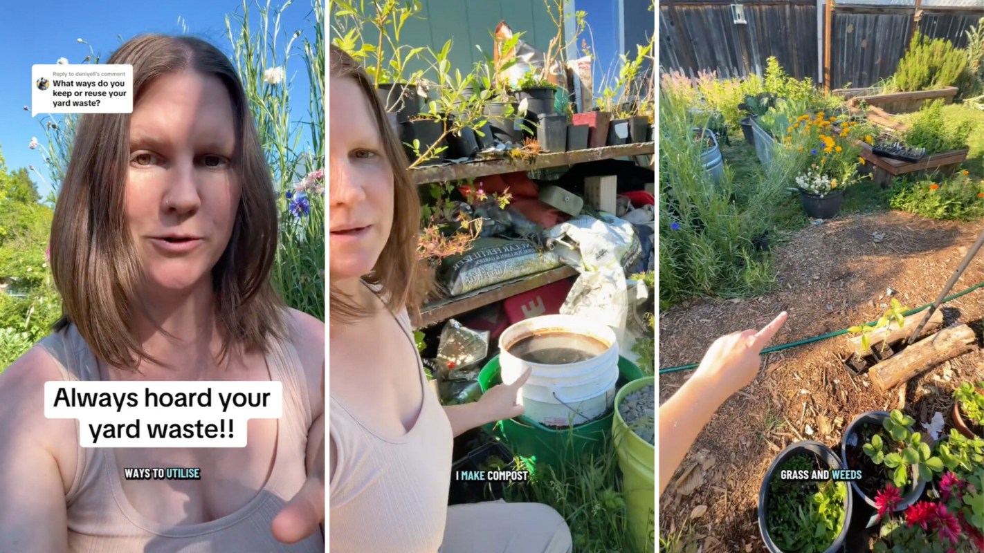 A person discusses reusing yard waste in a garden setting filled with plants and composting materials.