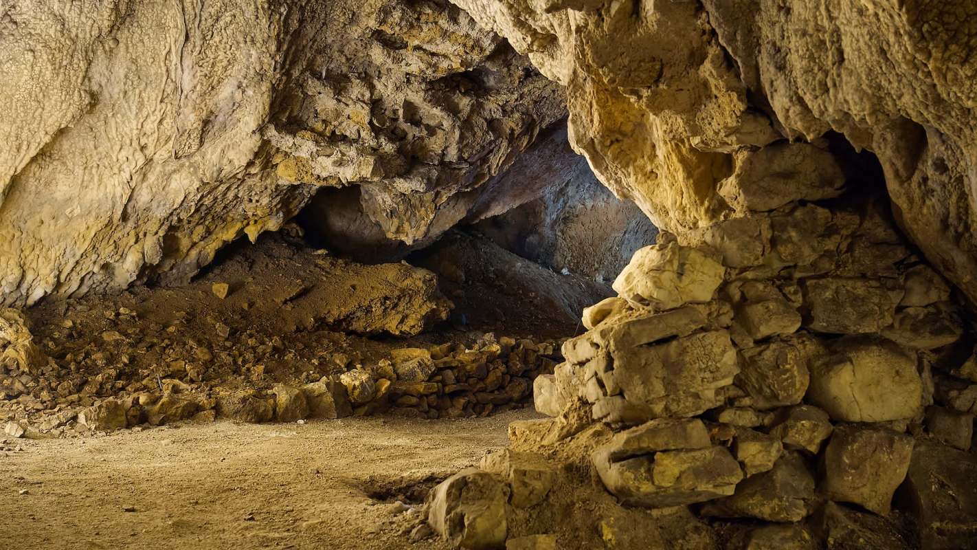 A dimly lit cave interior.
