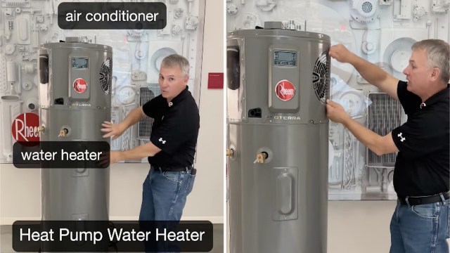 A person demonstrating a Rheem ProTerra Heat Pump Water Heater, labeled with components and features.