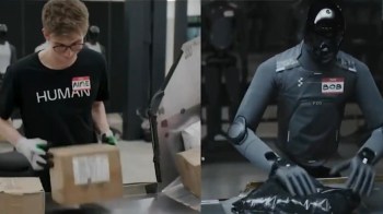 A young man named "AIME" lifts a package while a robot dubbed "BOB" sorts another package beside him.