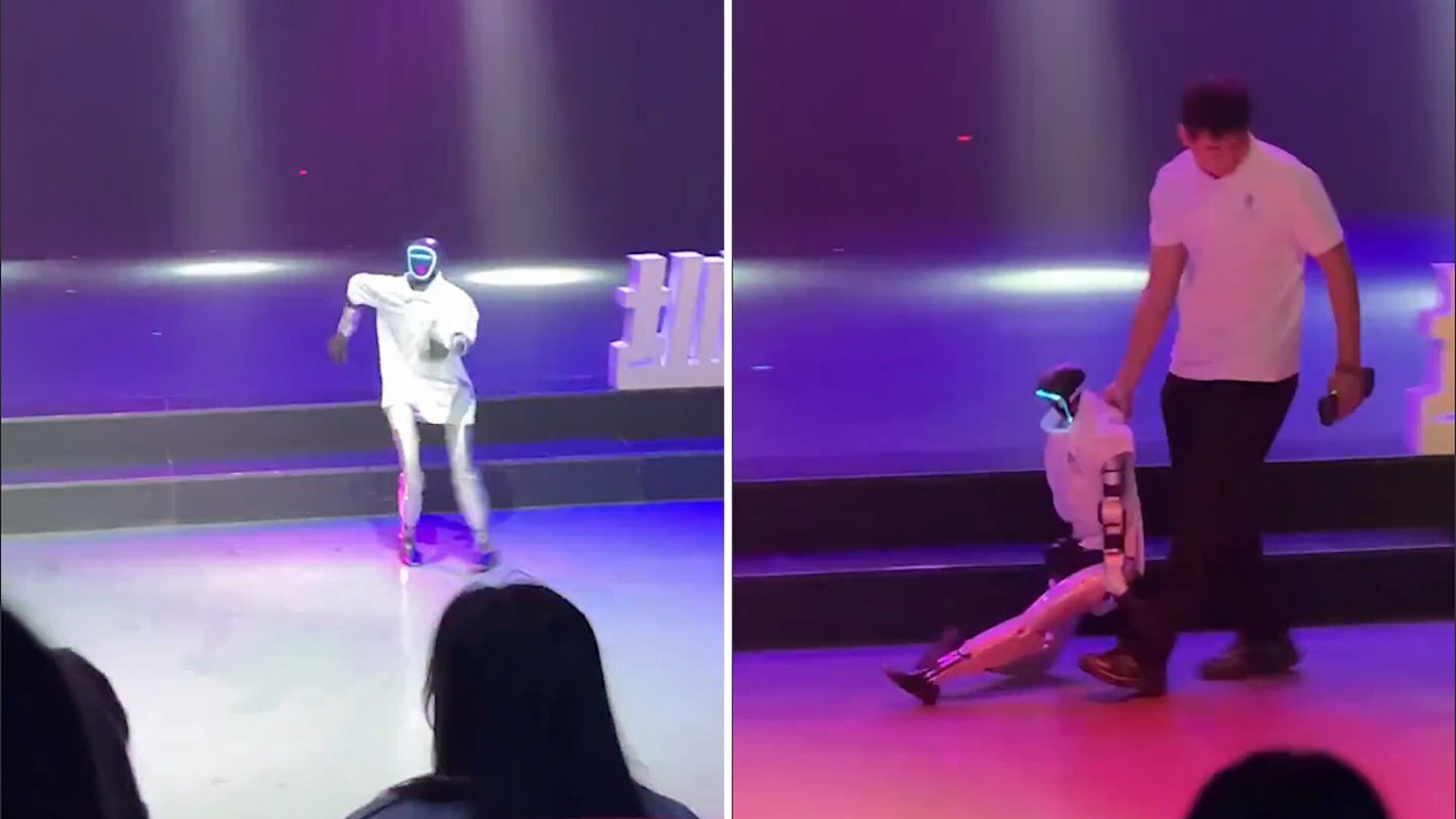 A humanoid robot performs on a brightly lit stage on the left, while a person drags it off in the split-screen to the right.