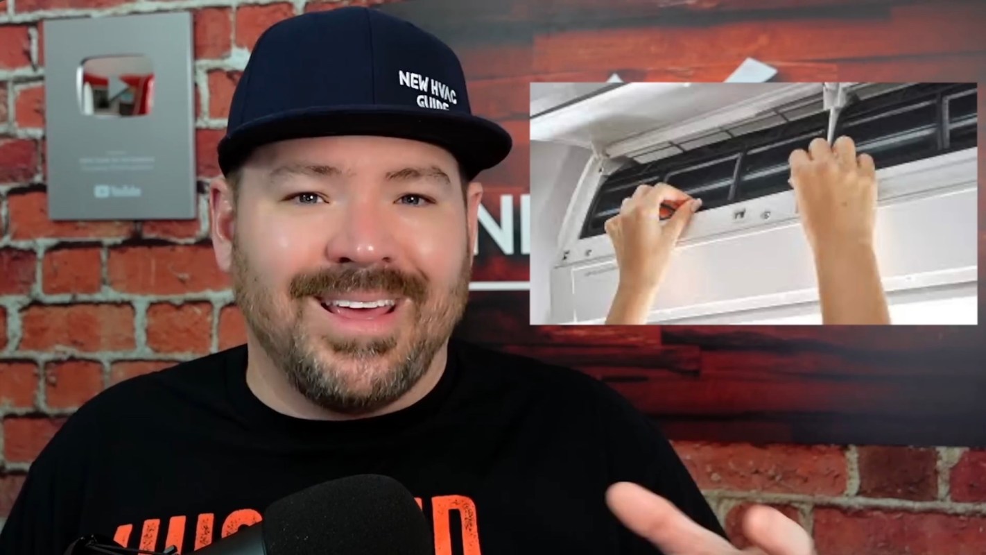 A smiling man in a black shirt discusses HVAC maintenance with a hands-on demonstration in a side image.