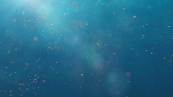 Colorful pieces of plastic debris float, illuminated by soft light.