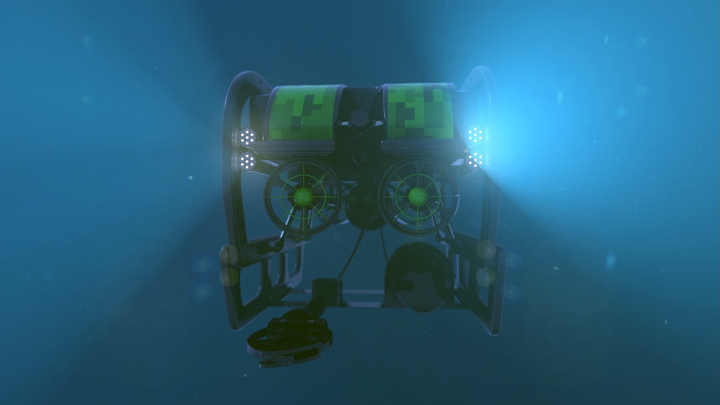 A robotic submersible with green accents and lights is illuminated underwater.