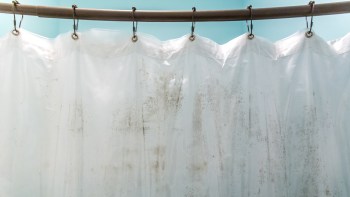 A partially closed shower curtain with visible stains, hanging on a rod against a turquoise wall.