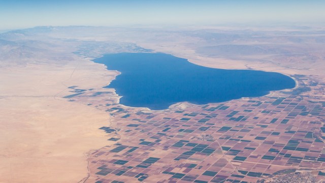 Aerial view of a large body of water surrounded by vast, patterned agricultural fields and desert terrain.