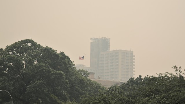 A cityscape shrouded in haze, featuring tall buildings and an American flag visible amid green trees.