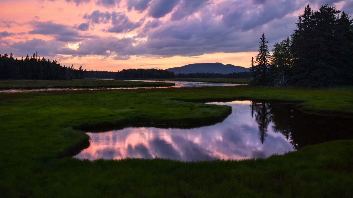 A serene wetland at sunset, reflecting colorful clouds and surrounded by trees and distant mountains.