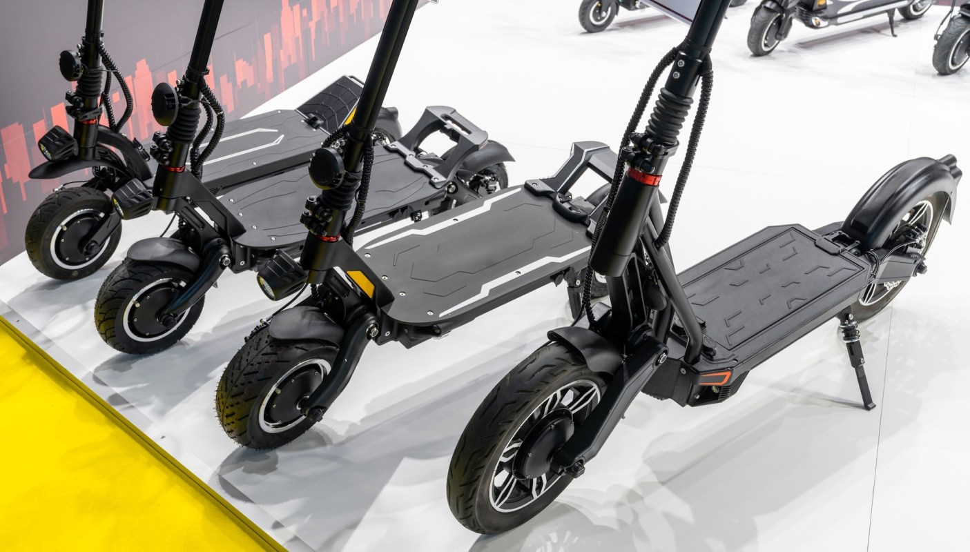 A row of electric scooters.