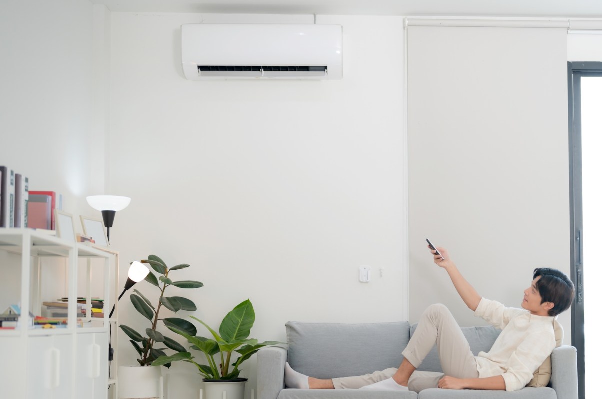 A person relaxing on a couch, using a remote control with a mini-split unit on a wall and houseplants in the background.