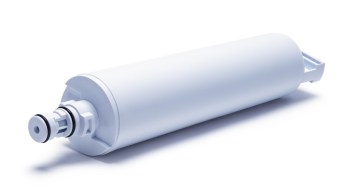 A white cylindrical water filter cartridge with O-ring seals on one end.