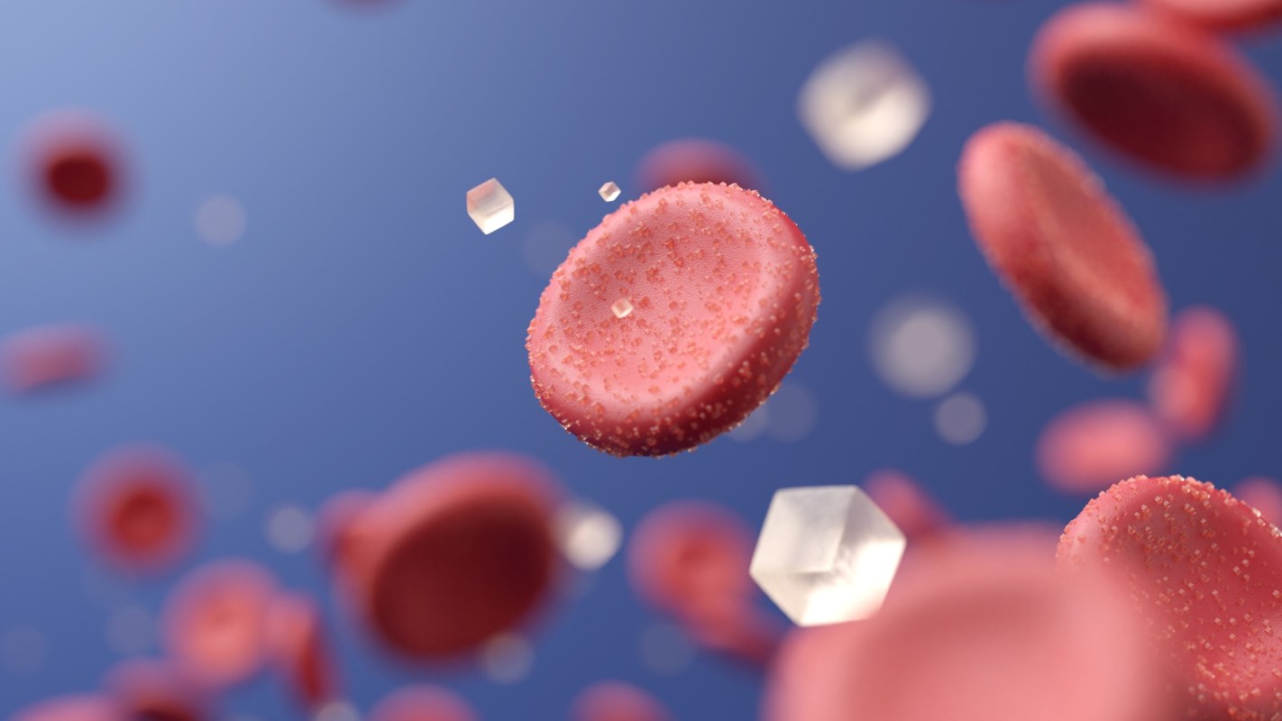Red blood cells and crystal-like particles floating in a gradient background.