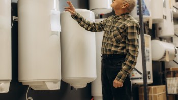 An elderly man in a plaid shirt examines white water heaters in a home appliance store.