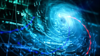 A digital weather radar display showing swirling patterns and speed measurements related to a storm system.