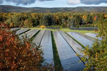 A solar panel field stretches across a grassy area, surrounded by colorful autumn foliage and rolling hills.