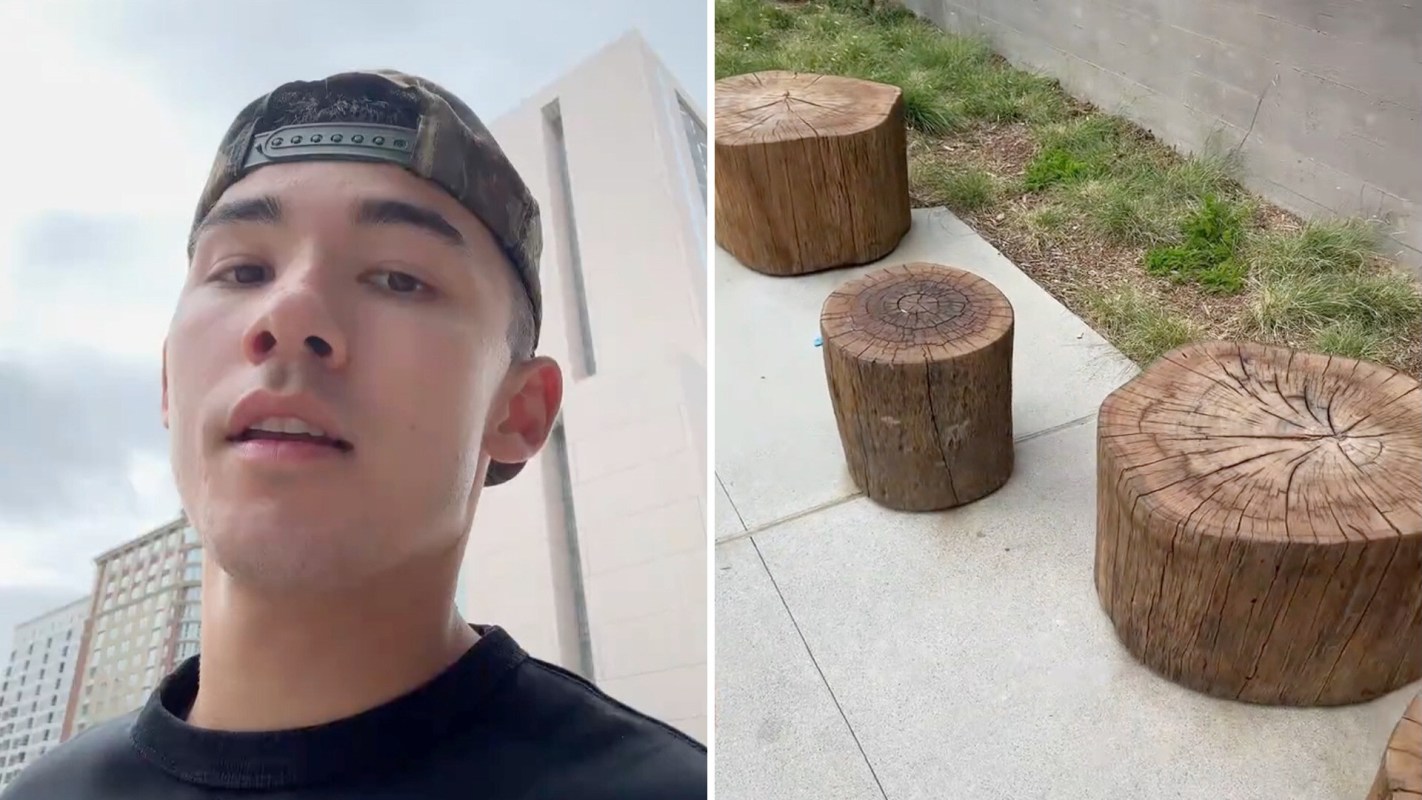 A young man wearing a camo cap backward stands near wooden tree stump seats in a grassy outdoor area.