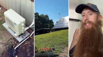 A collage featuring an HVAC unit, solar panels on a hillside, and a bearded man explaining something indoors.
