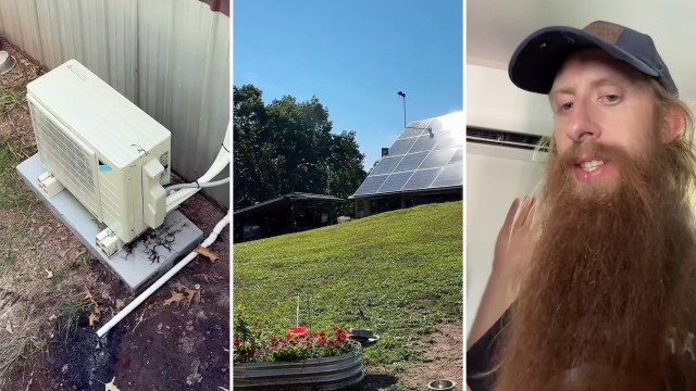 A collage featuring an HVAC unit, solar panels on a hillside, and a bearded man explaining something indoors.