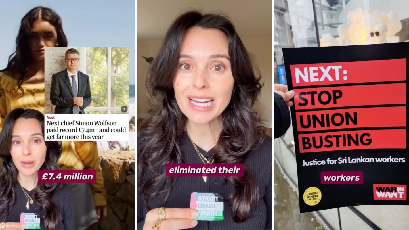 A woman discusses labor rights issues and holds a sign reading "STOP UNION BUSTING" while showing a badge.