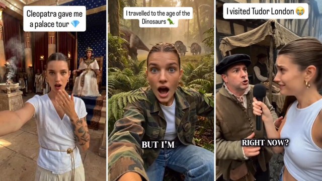 Three AI-generated selfies of Chloe, an AI history influencer.
