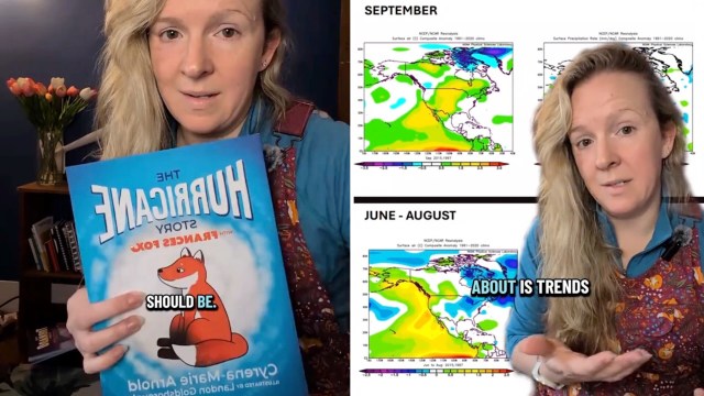 A woman holds a book titled "The Hurricane Story" while discussing weather maps and trends displayed beside her.