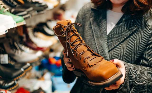 A person holds a brown lace-up boot in a shoe store.