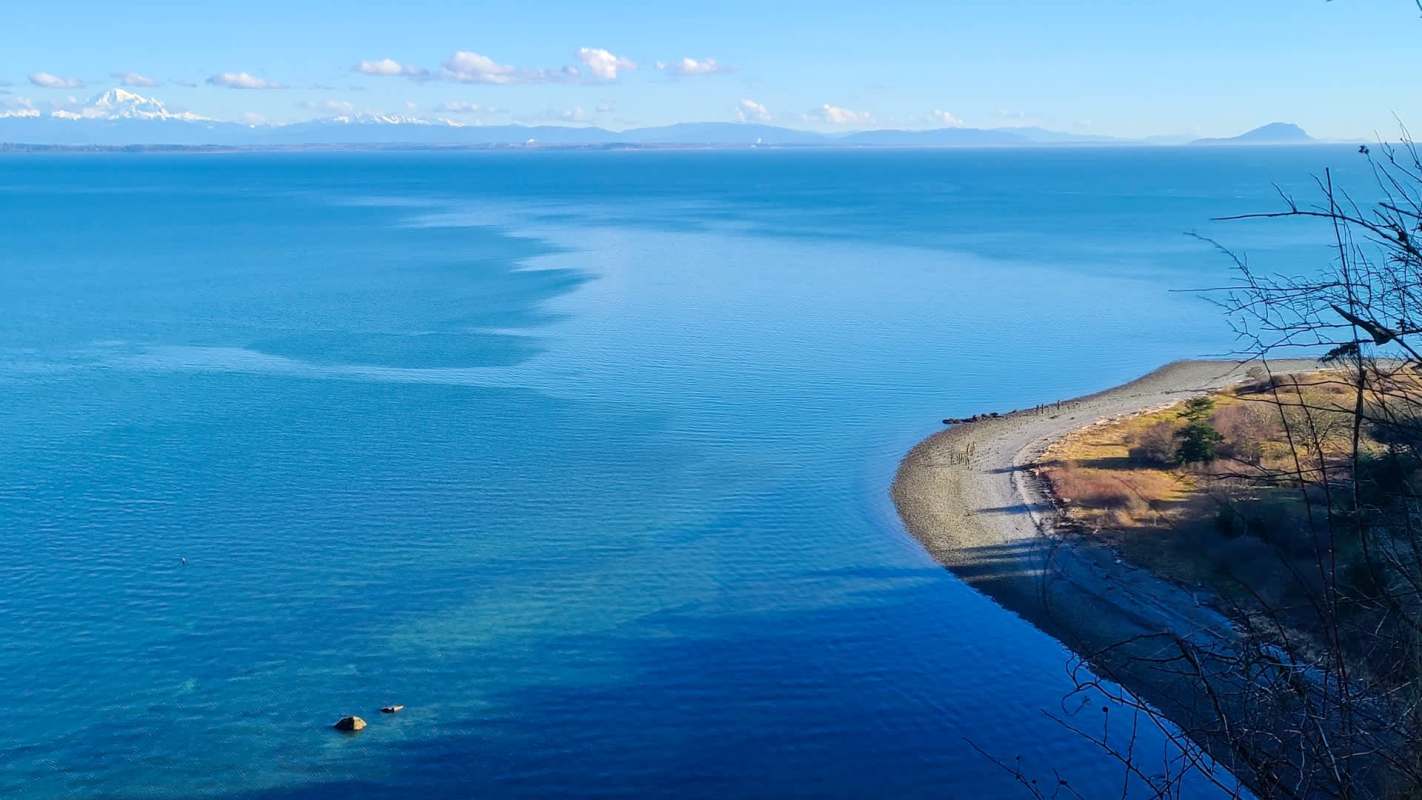 A tranquil coastline with gentle waves, a sandy shore, and mountains in the distance under a clear blue sky.