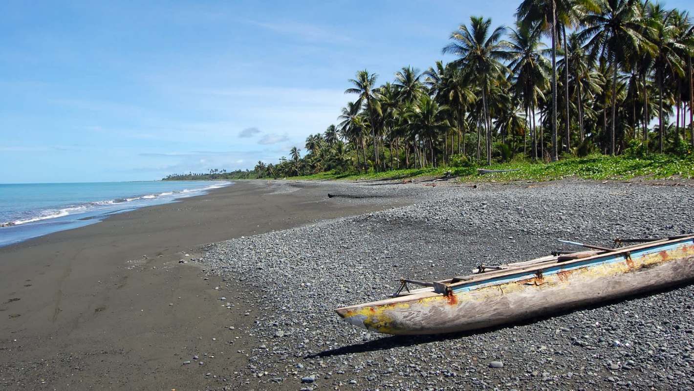 A tranquil beach scene with a rocky shore, palm trees, and a wooden boat on the sand.