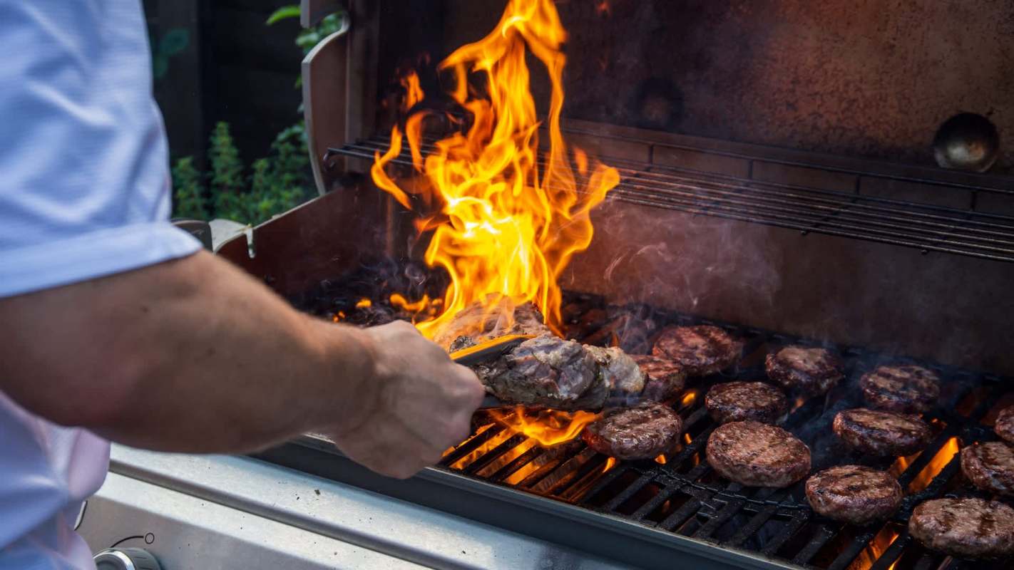 A person using tongs to turn meat in flames on a grill,