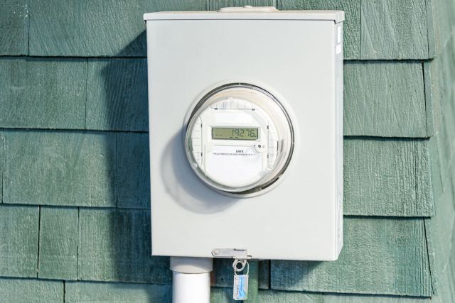 A digital meter, reading 19276, mounted on a shingle exterior wall.