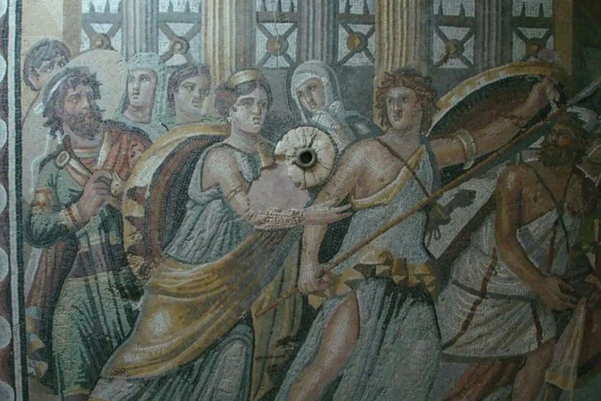A detailed ancient mosaic depicting a scene of warriors and women adorned in classical attire.
