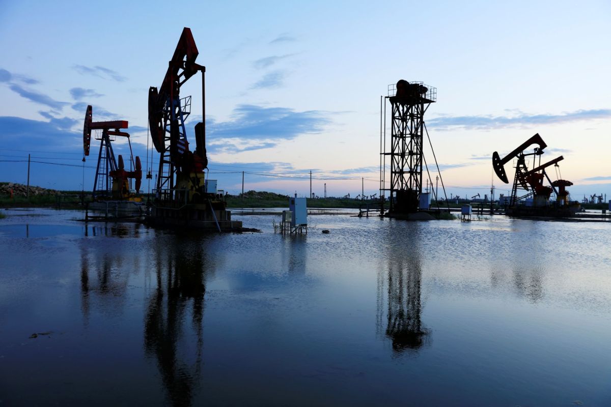 Oil pumps at dusk.