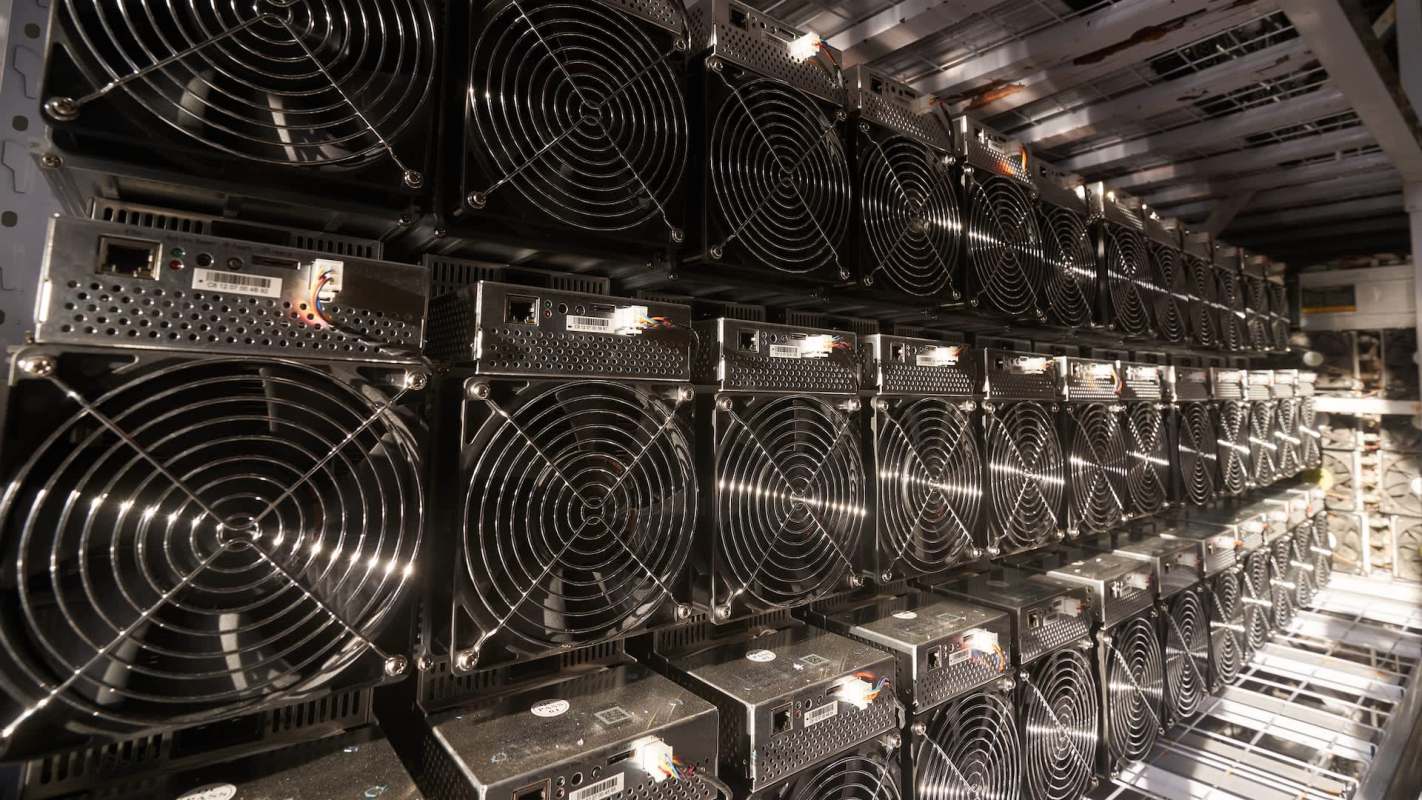 A row of crypto mining machines lined up in a data center, featuring cooling fans and network connections.