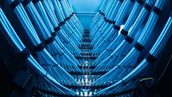 Blue network cables inside a server rack illuminated by cool lighting.