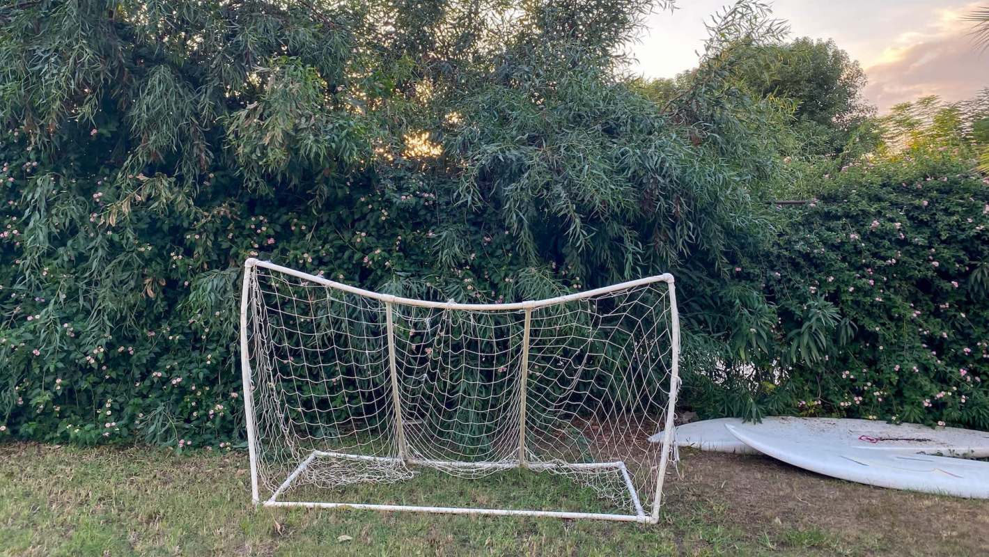 A weathered soccer goal stands in a grassy area, surrounded by lush greenery and blooming flowers.