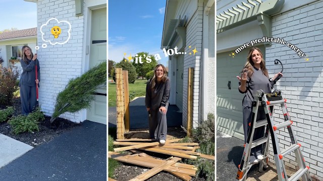 A woman in dark clothing stands next to a home, holding tools and engaging in home improvement projects.